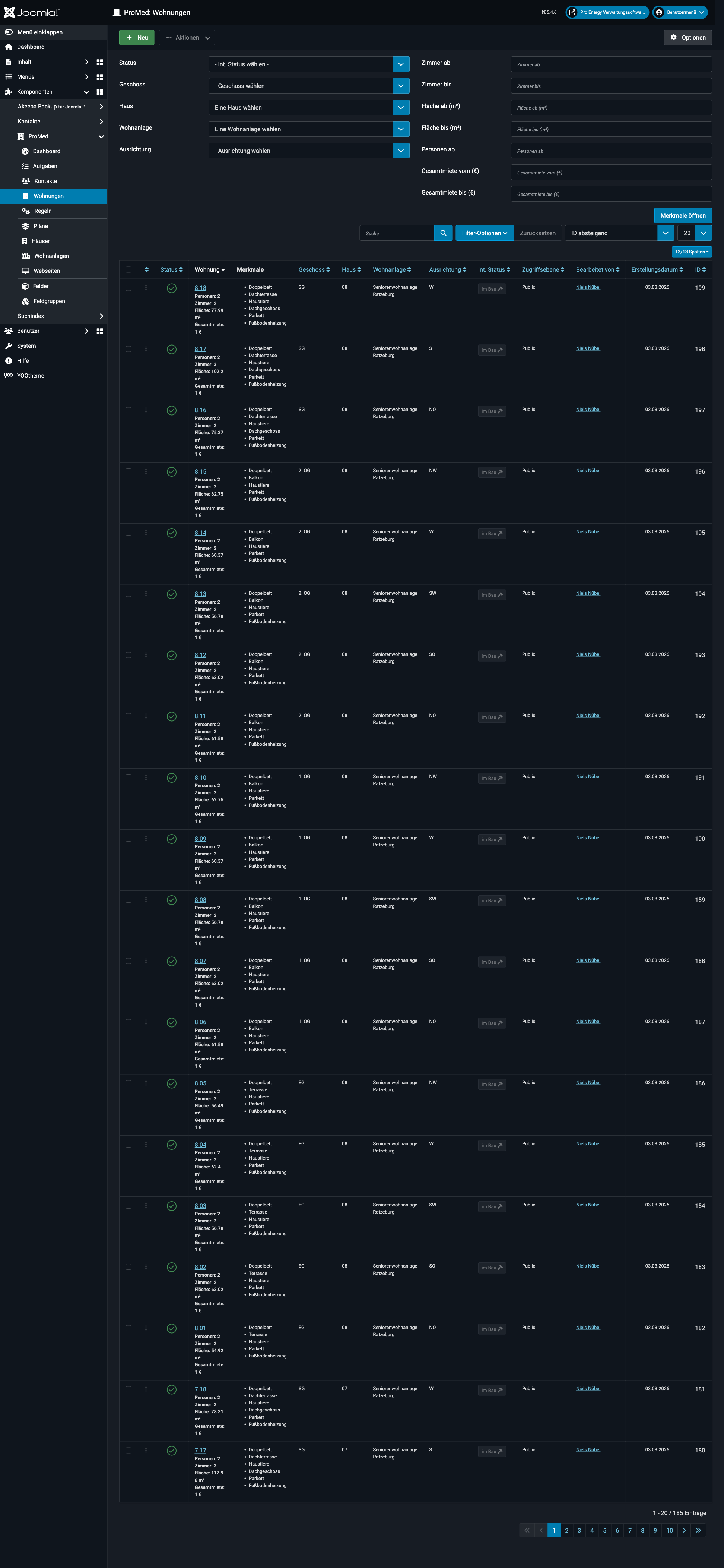 Liste der Wohnungen mit Filtern