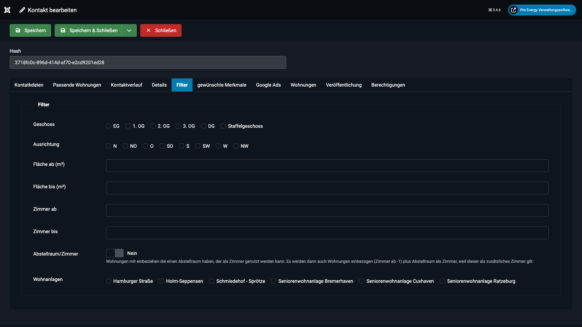 Kontakt bearbeiten – Filter