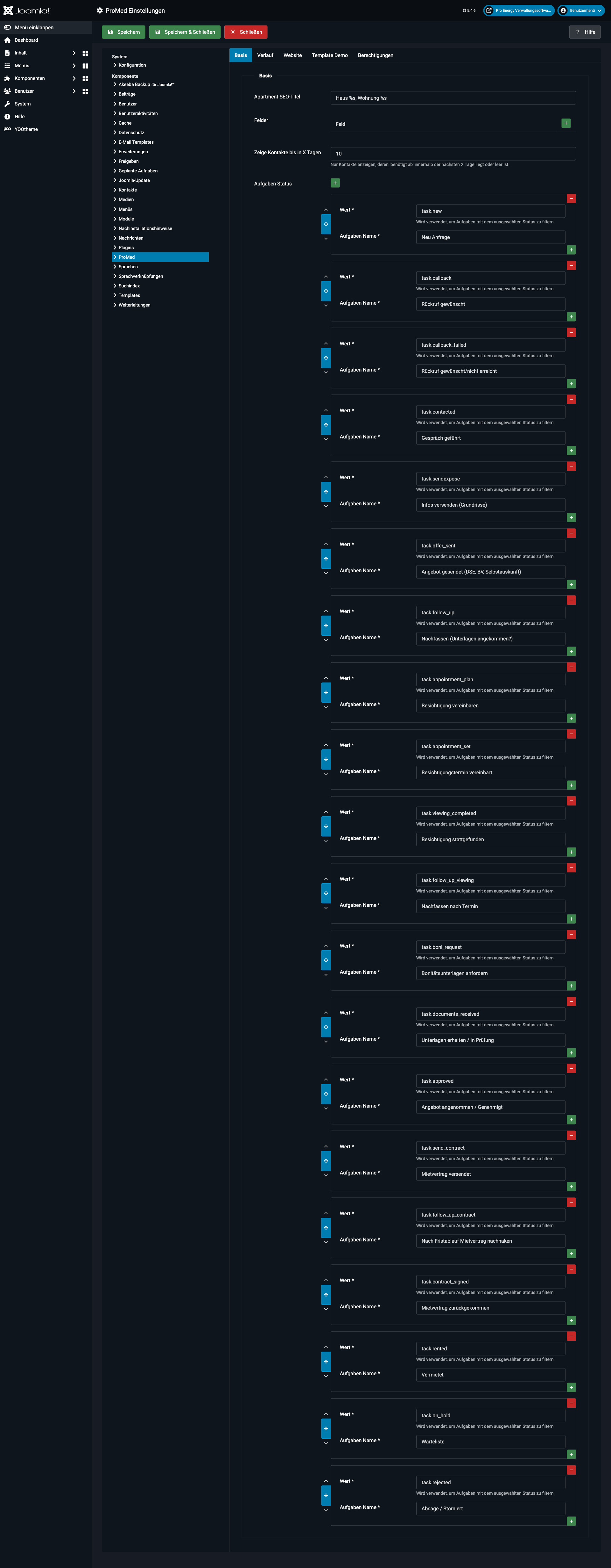 Aufgaben-Status in den Einstellungen